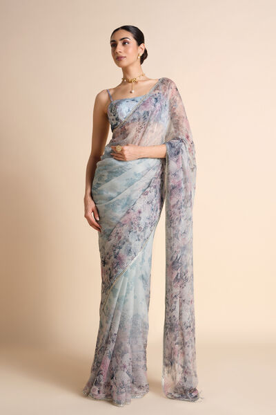 Flores Chiffon Saree - Powder Blue